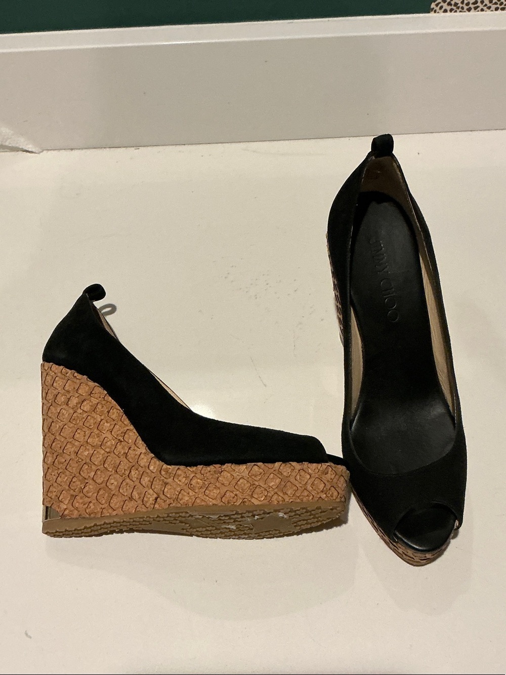 Jimmy Choo Black Suede Wedge Peep-Toe Heels